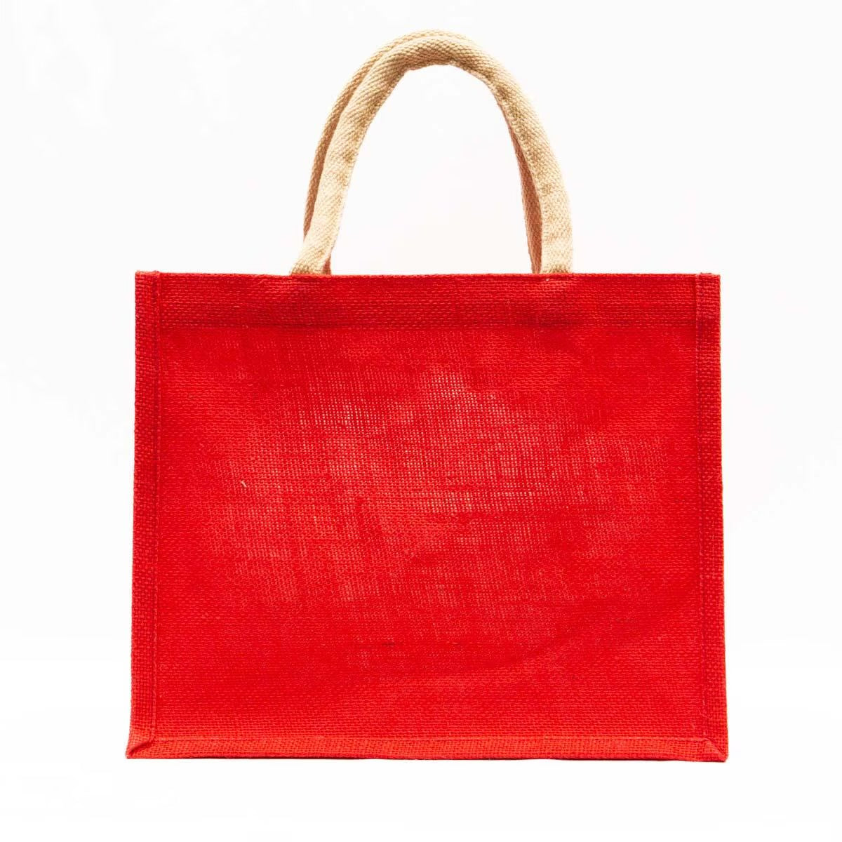 Natural jute gift tote bag with two beige handles; available in small, medium, and large sizes.