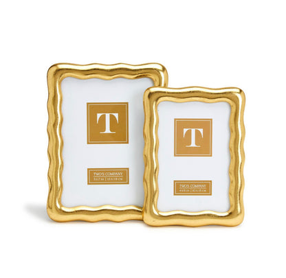 Two gold leaf Vintage Ore photo frames, wavy edges, sizes 4x6 and 5x7. Each holds a white placeholder.