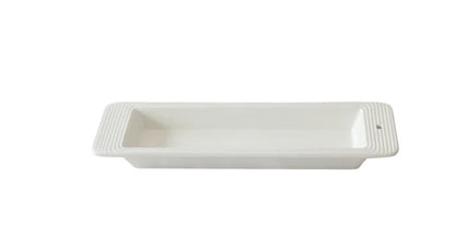 Rectangular white ceramic tray with ribbed side handles. Available in small and large sizes. Ideal for serving crackers.