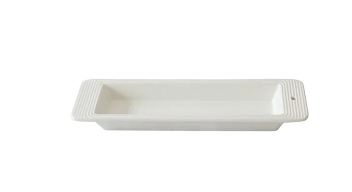 Rectangular white ceramic tray with ribbed side handles. Available in small and large sizes. Ideal for serving crackers.