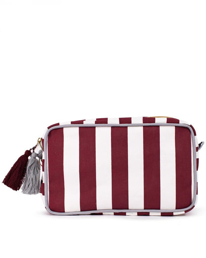 Rectangular cosmetics bags with maroon/white stripes, gray piping, zipper, and tasseled keychain. Available in small and large.