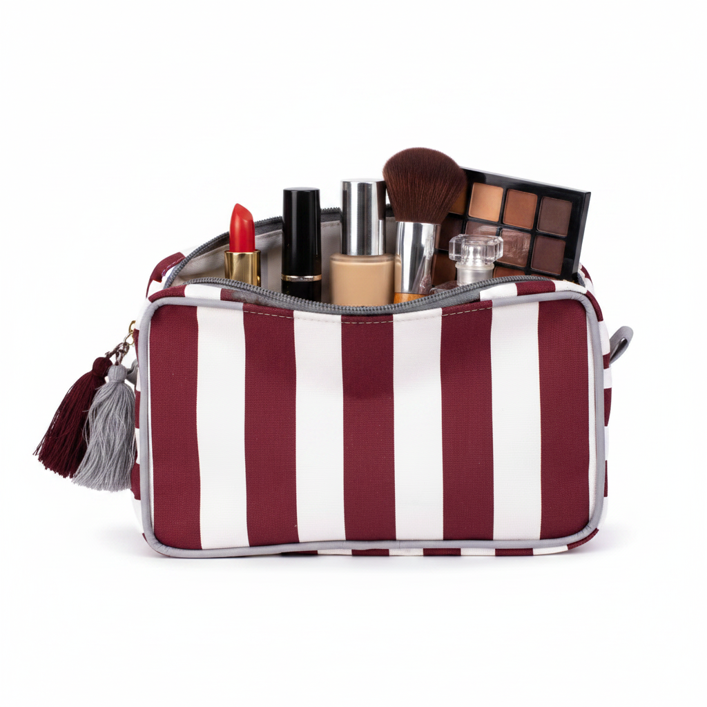 Maroon and white stripe Megan Cosmetic Bag with tassel accents, unzipped. Available sizes: small, medium, large.
