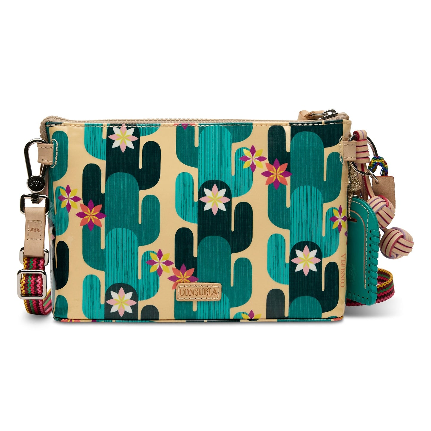 Midtown Crossbody, Dezi: Colorful cactus and flower embroidered crossbody handbag on tan ConsuelaCloth®, with a multicolored strap, attached keychains, and gold “Consuela” label. Available in one size.