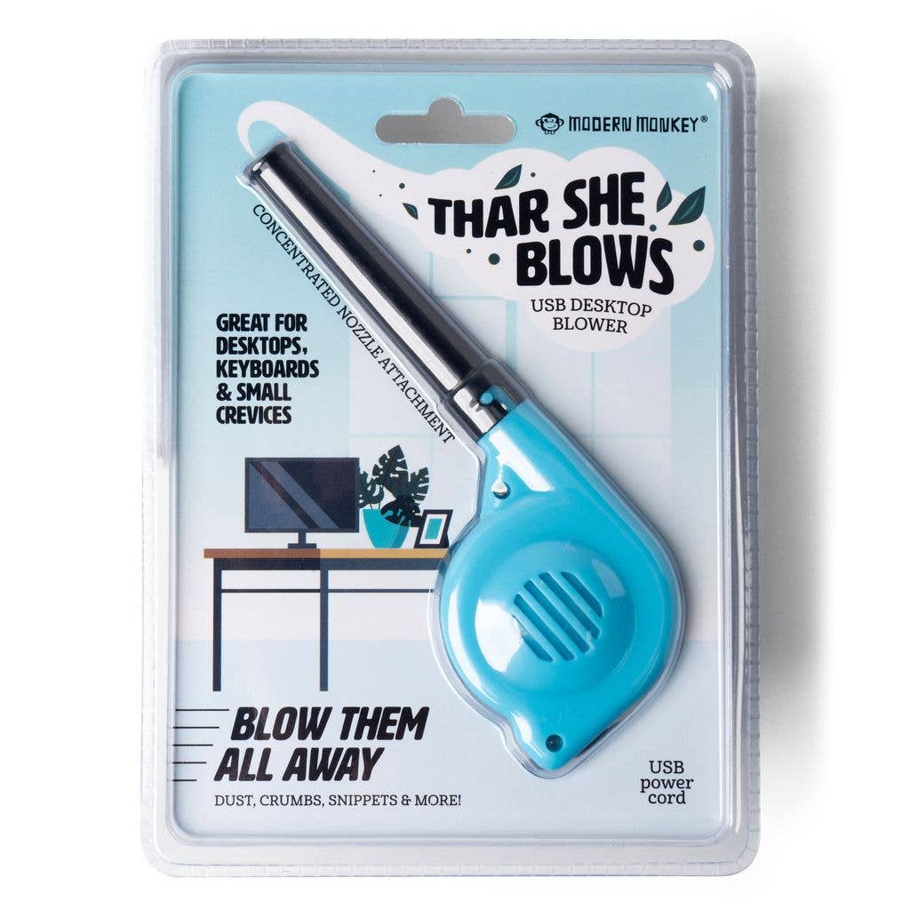 The Modern Monkey® Thar She Blows USB Desktop Blower, blue, USB-A powered, for dust removal; available in multiple sizes.