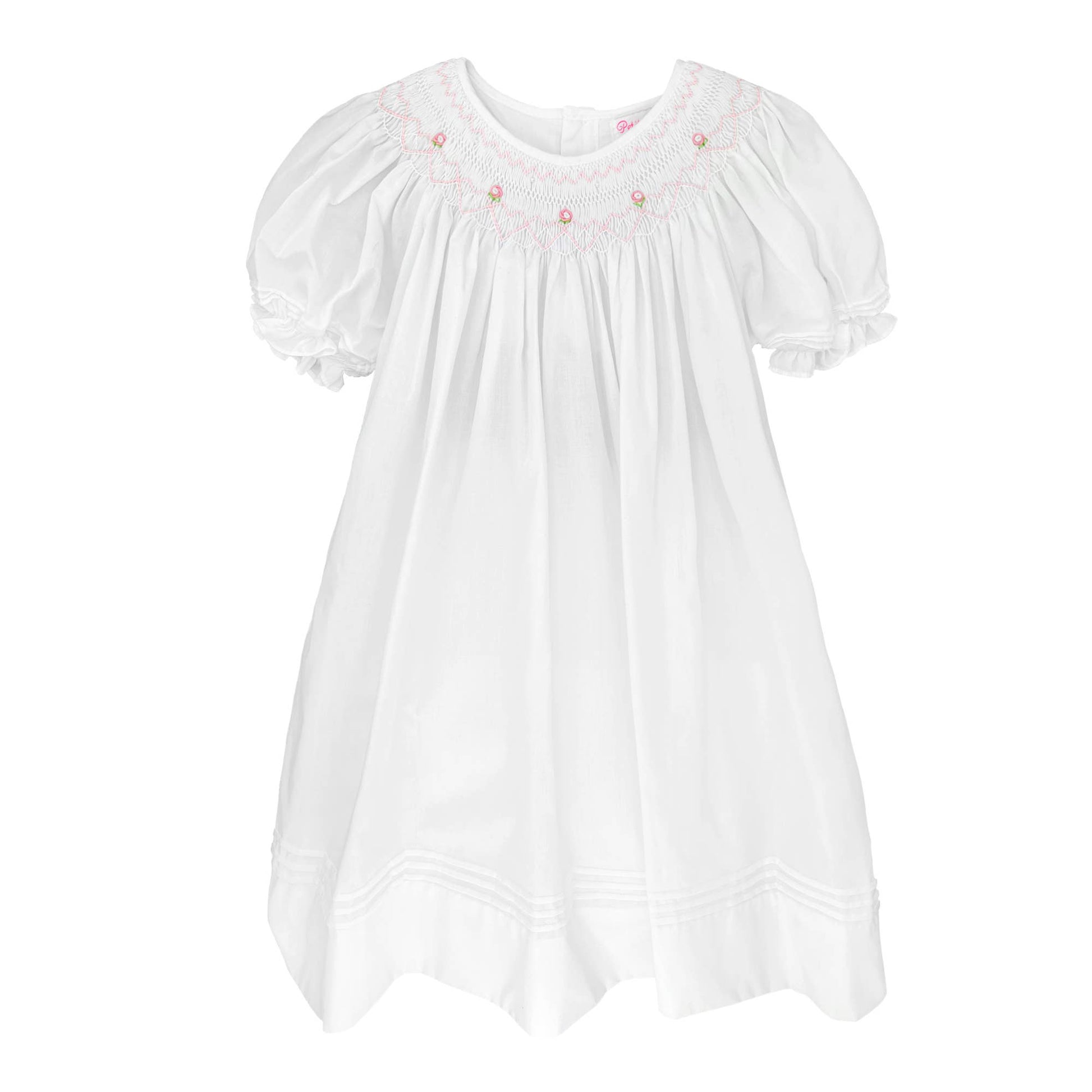 White daygown with heart smocking and pearls