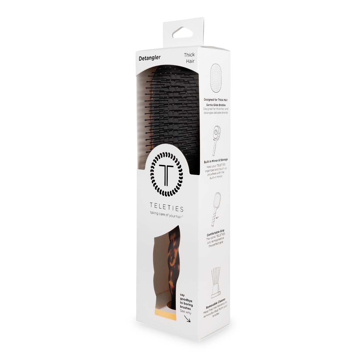 Boxed Detangler Hair Brush for Thick Hair - Tortoise, with black bristles and a tortoiseshell handle, product logo and feature illustrations on white packaging; available in standard and large sizes.