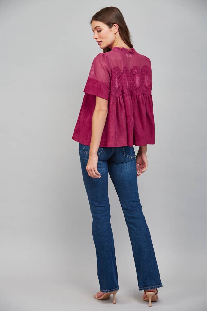 Teal blue faux suede top, size L, featuring a sheer mesh upper panel and lace appliqué.