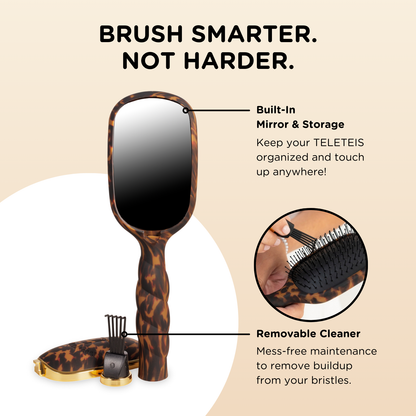 Detangler Hair Brush for Fine Hair in tortoiseshell with mirror, handle storage, bristle cleaner; available in small and large.
