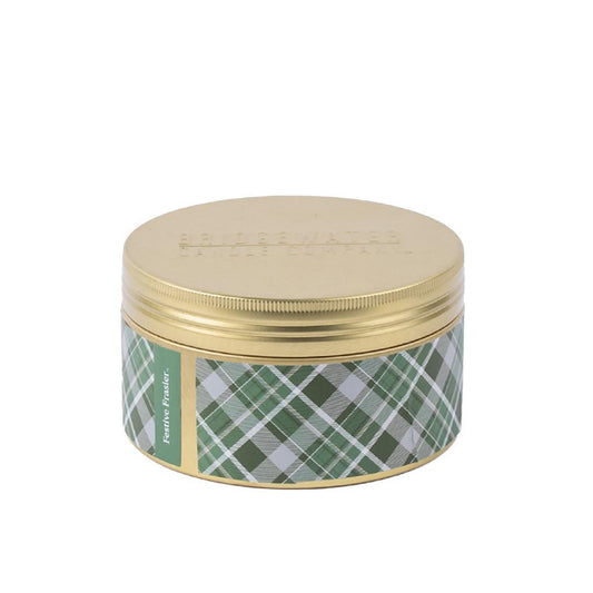 Round gold 3-wick tin candle with green and white "Festive Frasier" label, gold lid. Sizes: 8oz, 16oz.