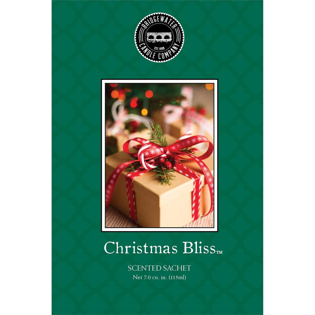 Green package labeled "Christmas Bliss Sachet" by Bridgewater Candle Company. Available in sachet size only.