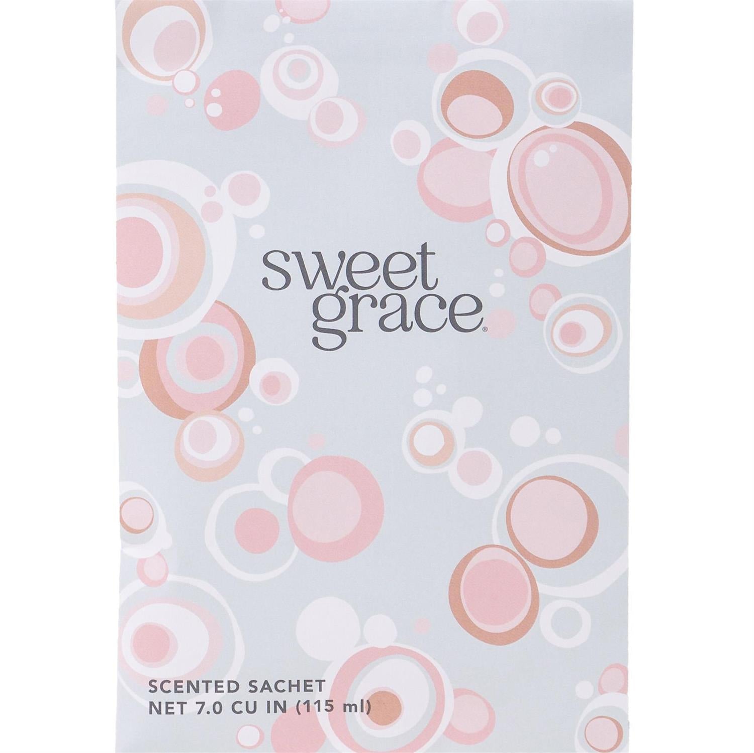 Sweet Grace Sachets package labeled "sweet grace," 7.0 cu in (115 ml), with pink, peach, and white circles.
