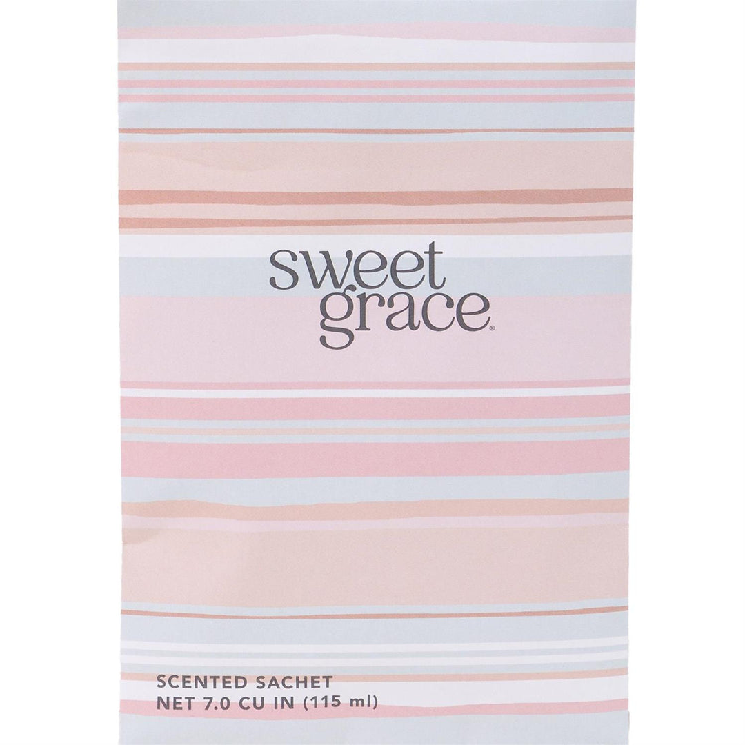 Sweet Grace Sachets with pastel pink, gray, and white stripes; size: 7.0 cu in (115 ml); name centered on package.