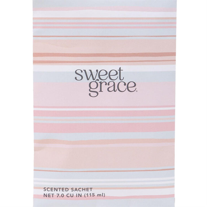 Sweet Grace Sachets with pastel pink, gray, and white stripes; size: 7.0 cu in (115 ml); name centered on package.