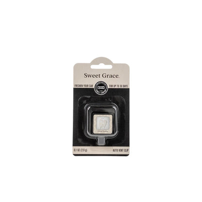 Auto Vent Clip Sweet Grace with black and beige labeling; up to 30 days of fragrance. Available in standard size only.