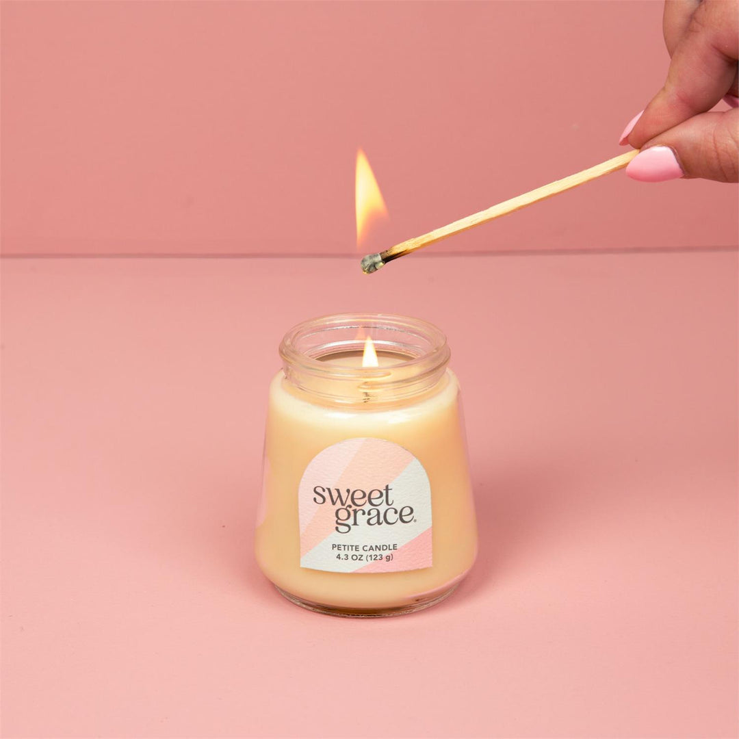 Sweet Grace Petite Candle #078 in a small glass jar with minimal label; soy-blend wax. Available in petite size.