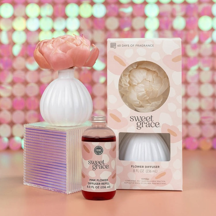 Sweet Grace Flower Diffuser with pink flower top and packaging shown; available in 8oz and 16oz sizes.