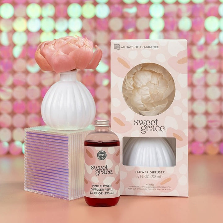 Sweet Grace Flower Diffuser with pink flower top and packaging shown; available in 8oz and 16oz sizes.