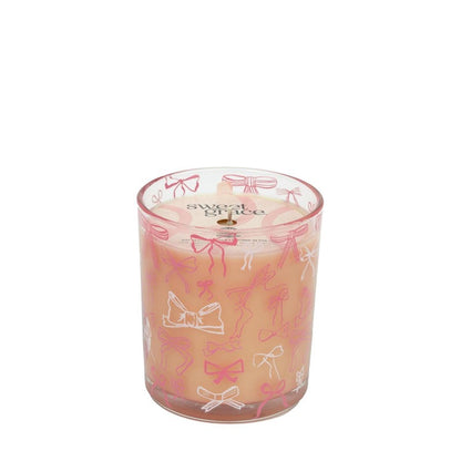 Sweet Grace Collection Pink Bow Candle #072: peach glass holder, pink/white bows. Sizes available: small, medium, large.
