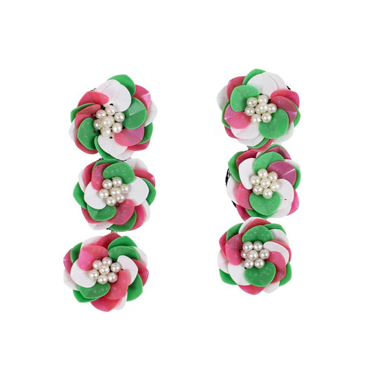 Six floral hair clips with pink, green, and white petals, pearl centers. Available in small and large sizes.