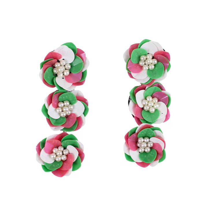 Six floral hair clips with pink, green, and white petals, pearl centers. Available in small and large sizes.