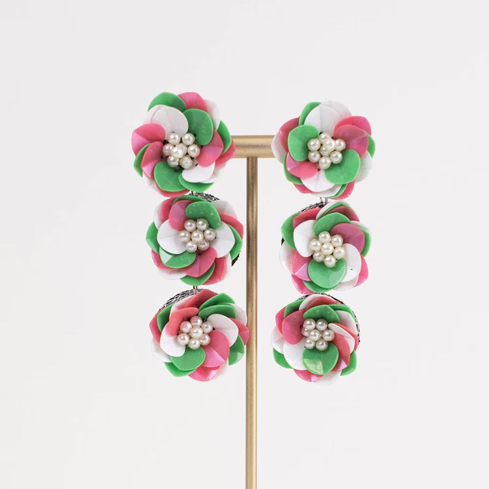 Camellia Beaded Earrings, pink, green, white petals with pearl-like centers. Available in small, medium, and large sizes.