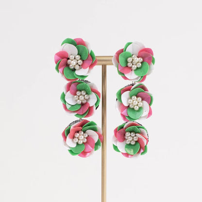 Camellia Beaded Earrings, pink, green, white petals with pearl-like centers. Available in small, medium, and large sizes.