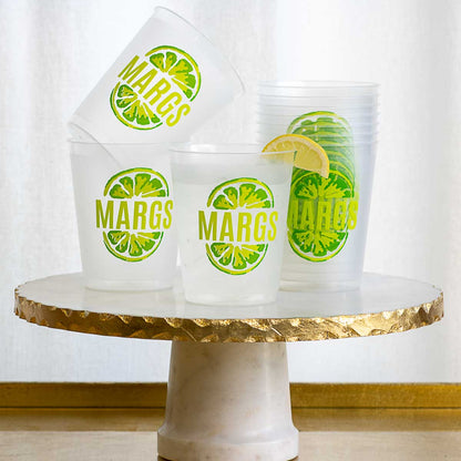 These popular frosted cups 8 ounces says MARGS and it has a line with the word Mark filled out in the front