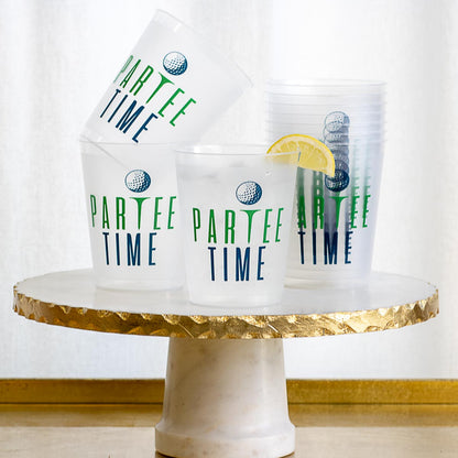 These popular frosted cups that come in a set of 10 they’re 8 ounces this one says , PARTEE time. It has a golf ball on it with parter in green and time in blue