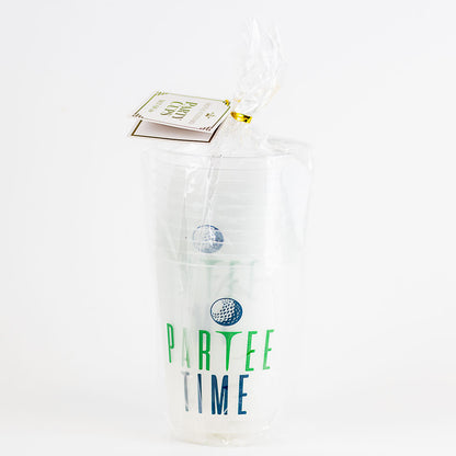 Set of 10 Partee Time Party Cups, wrapped in plastic, feature a golf ball graphic and tag. Sizes available: standard cup size.
