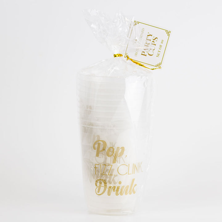Set of 10 white cups with “Pop. Fizz. Clink. Drink.” in gold text, dishwasher safe. Each cup holds 16 oz.