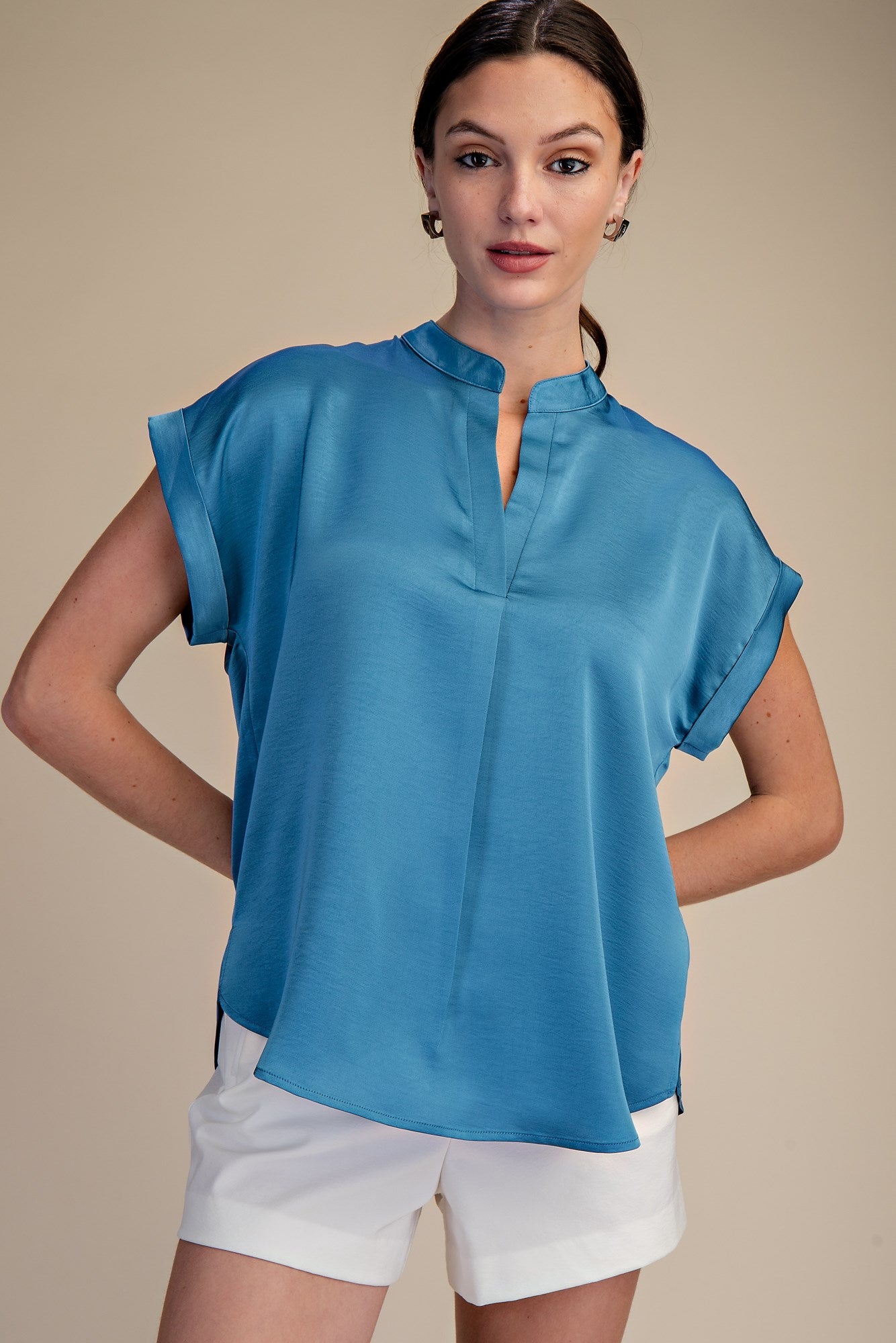 Slate Blue Short-Sleeve Blouse with split neckline, available in sizes XS-XL.