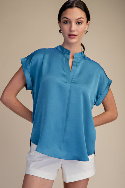 Slate Blue Short-Sleeve Blouse with split neckline, available in sizes XS-XL.