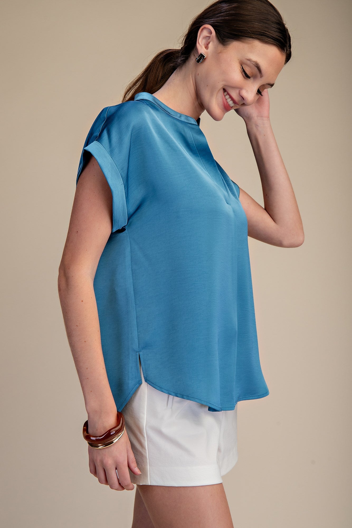 Slate Blue Short-Sleeve Blouse, available in sizes XS–XL.