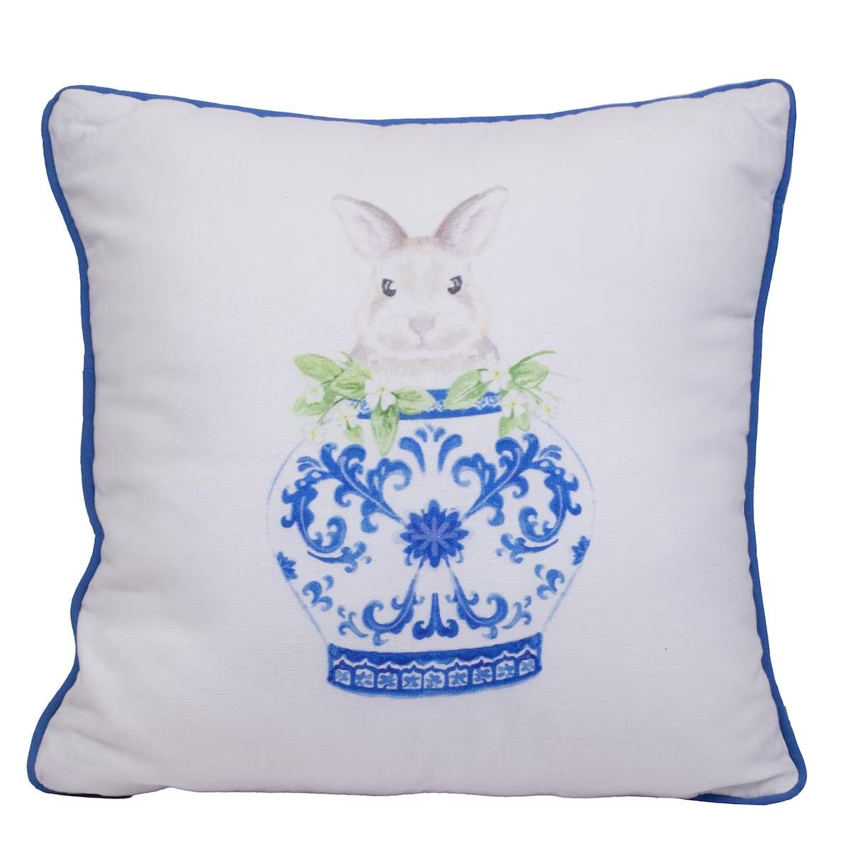 Winston Reversible Bunny Pillow: plush square cushion with white background, blue piping; features rabbit in blue and white vase with green leaves. Sizes: 18"x18".
