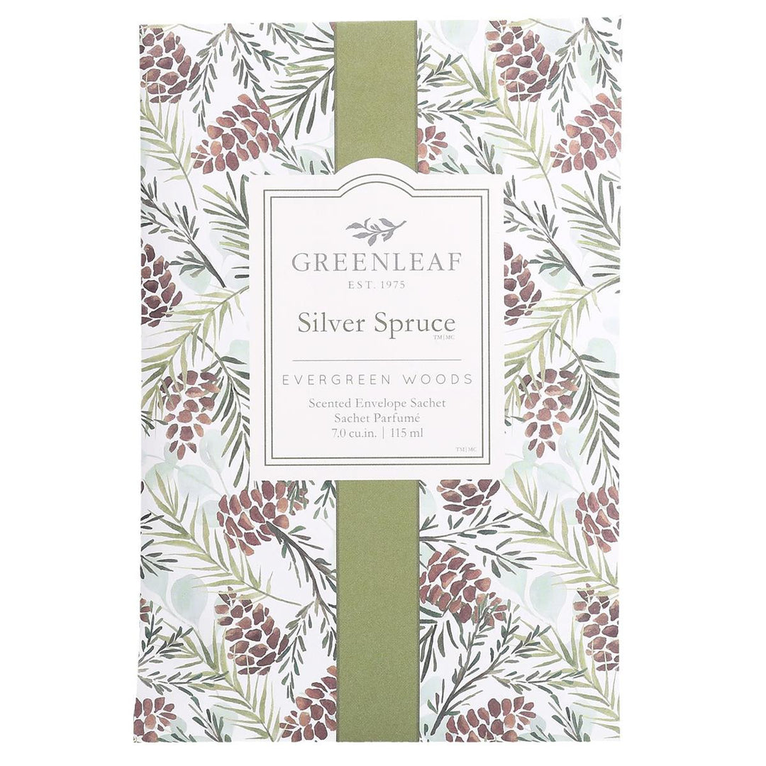 Silver Spruce Large Sachet with cedar wood pinecone and evergreen branch pattern, 7.0 cubic inch, 115 milliliter.