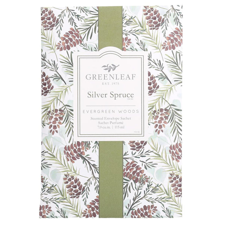 Silver Spruce Large Sachet with cedar wood pinecone and evergreen branch pattern, 7.0 cubic inch, 115 milliliter.