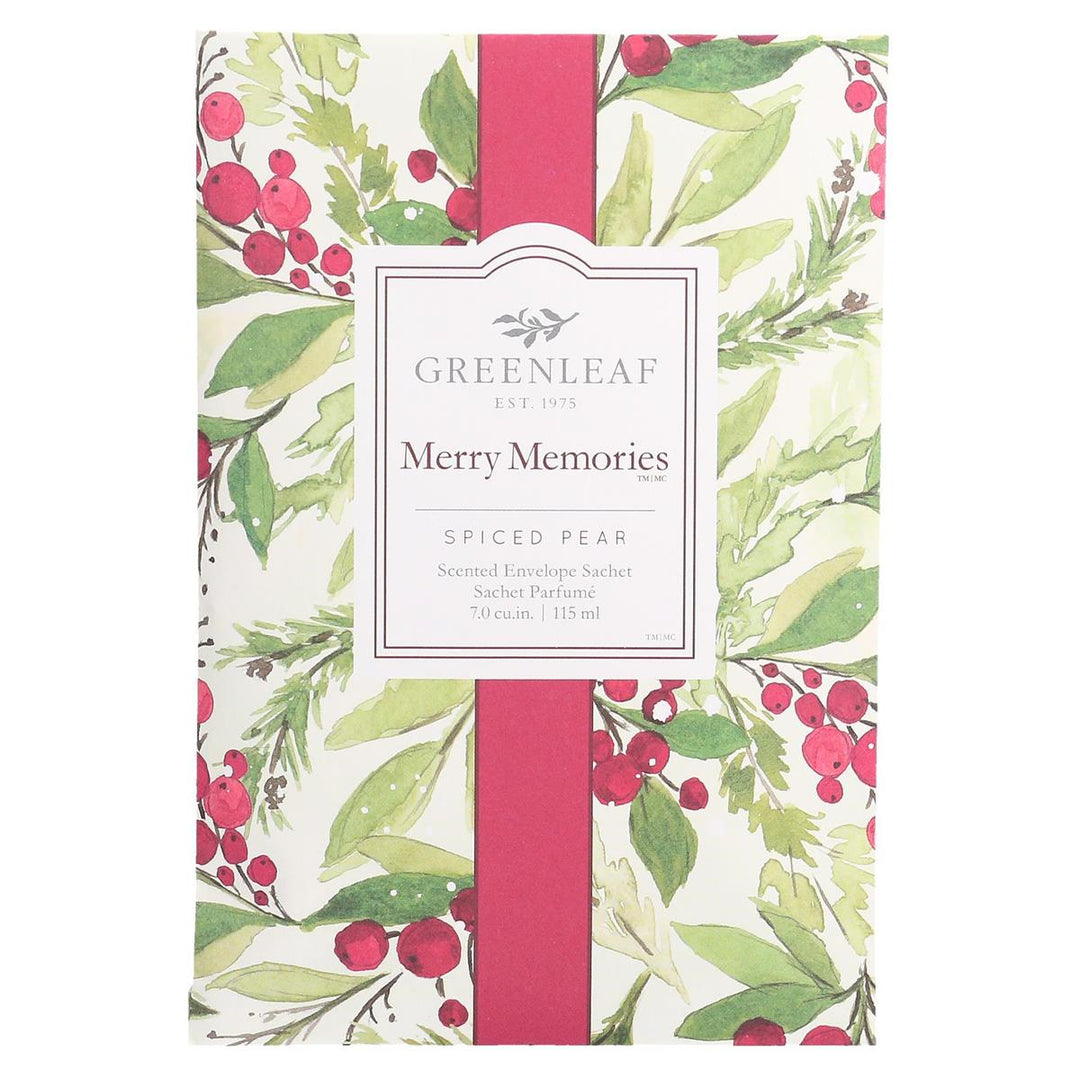 Merry Memories Large Sachet with a holly and pine watercolor print and “Merry Memories Spiced Pear” label, 7.0 cu.in. | 115 ml.