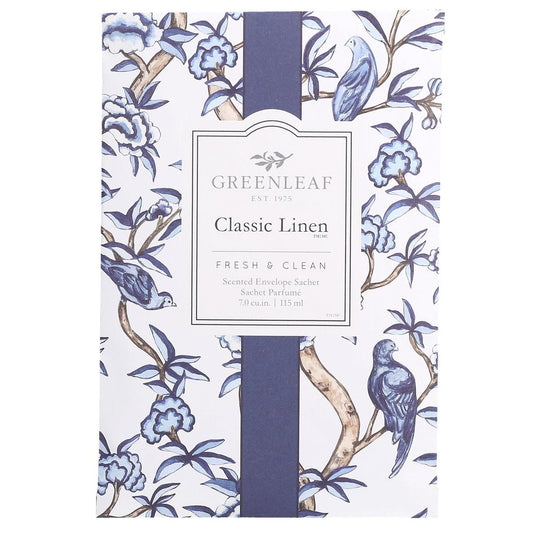 Classic Linen Sachet with blue botanical and bird designs, “Fresh & Clean” label. Size: 7.0 cu in / 115 ml.