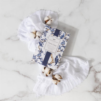 Classic Linen Sachet box with blue and white floral bird design; available in multiple sizes for long-lasting freshness.