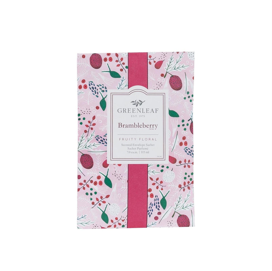 Pink Brambleberry sachet with a berry and leaf pattern, 7.0 cubic inches.