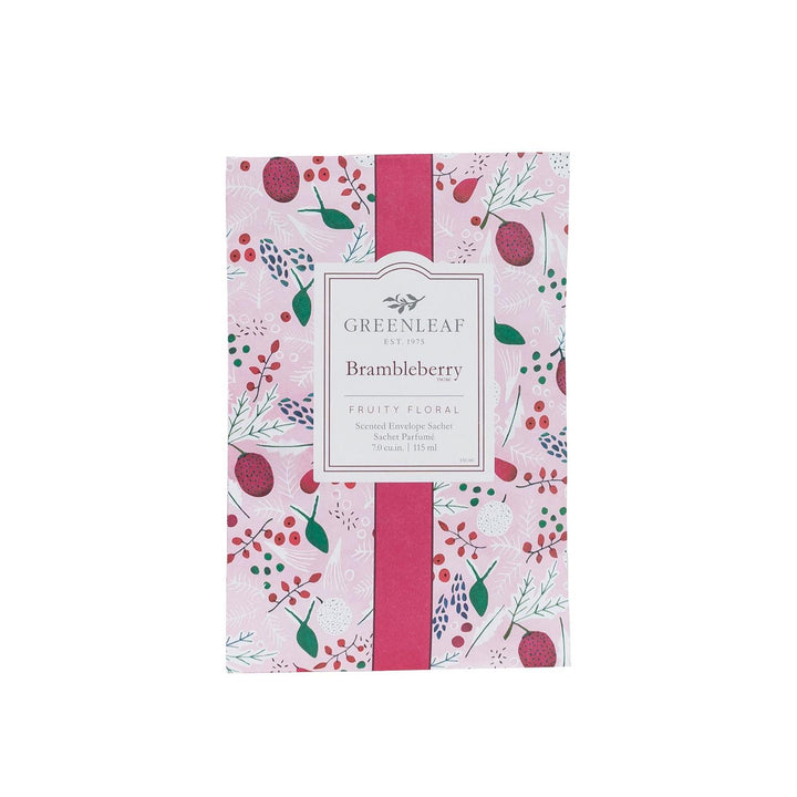 Pink Brambleberry sachet with a berry and leaf pattern, 7.0 cubic inches.