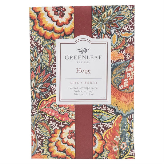The Hope Sachet by Greenleaf has a spicy berry-cinnamon scent and comes in a floral envelope. Available in multiple sizes.