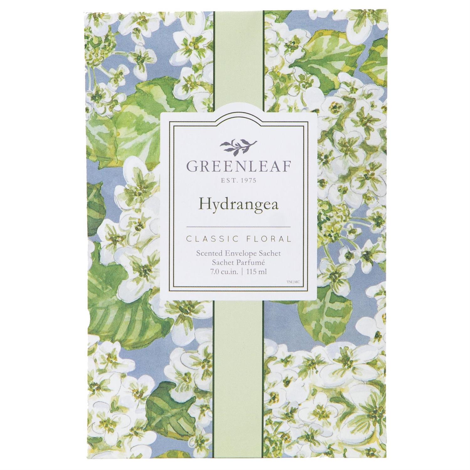 Hydrangea Sachet with white and green floral design on blue, central label, Greenleaf fragrance. Available in standard size.