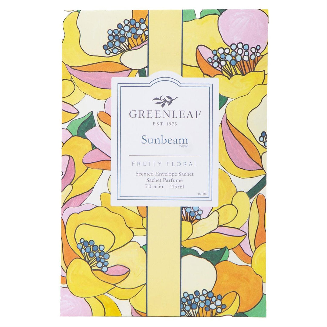 The Sunbeam Sachet by Greenleaf, large size, labeled "Fruity Floral" with yellow, pink, and orange floral packaging.