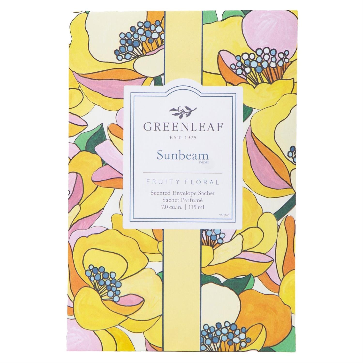 The Sunbeam Sachet by Greenleaf, large size, labeled "Fruity Floral" with yellow, pink, and orange floral packaging.