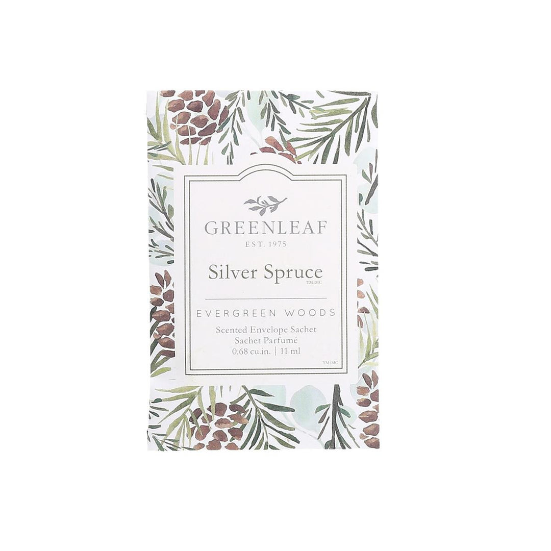 Rectangular 11 ml Silver Spruce small sachet with watercolor pine cone and cedar branch print.