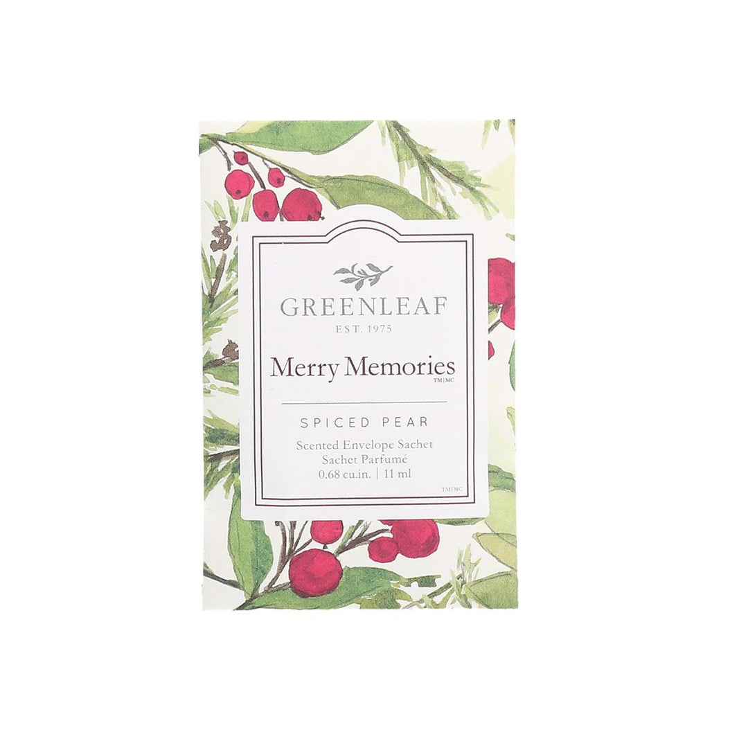 Rectangular Merry Memories small sachet with watercolor red berries and green leaves, featuring holiday scent and capacity details.