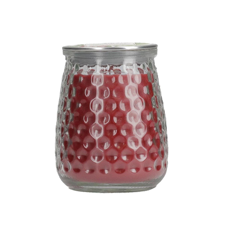 Merry Memories Signature Candle, sugared pear fragrance, clear textured glass jar with metal lid.