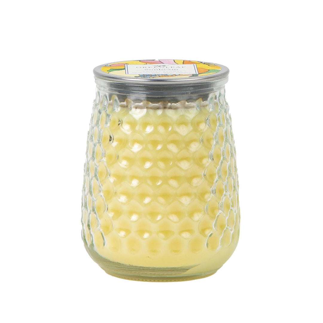 Sunbeam Signature Candle in yellow honeycomb glass jar with metal lid, Sunbeam fragrance; available in multiple sizes.