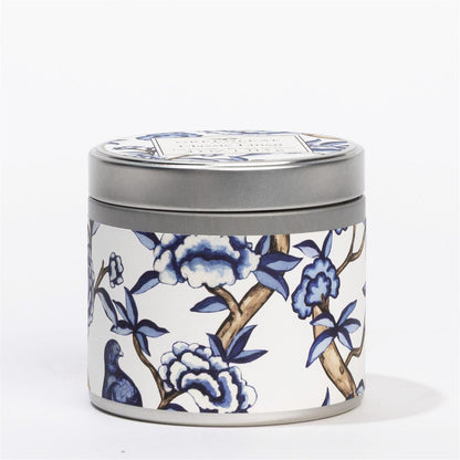 Round Classic Linen Tin Candle with silver lid, blue and white floral-bird design. Available in 4oz and 8oz sizes.